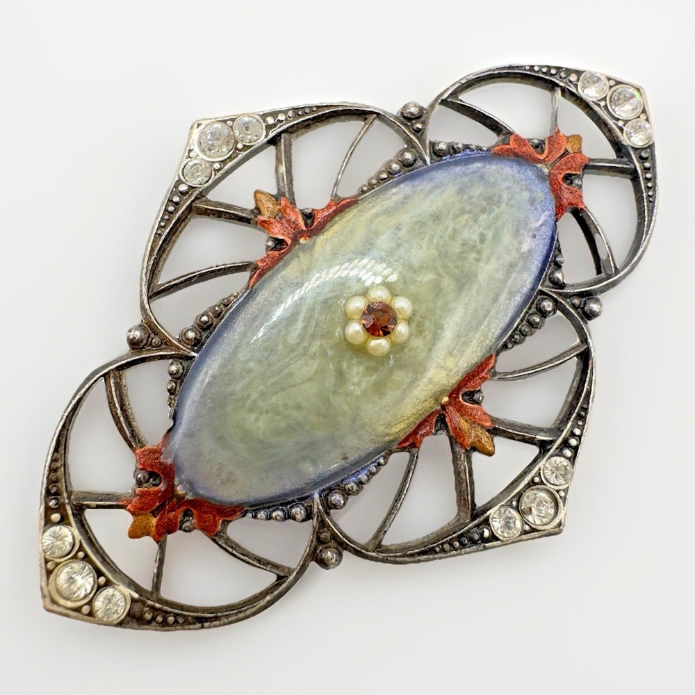 Vintage Art Nouveau Revival Brooch Openwork Rhinestone Faux Pearl Floral 2.25"